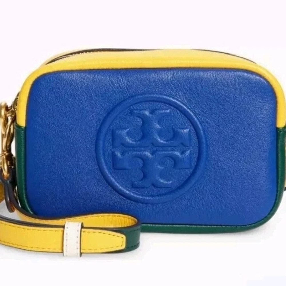 Tory Burch Blue, Yellow & Green Leather Crossbody Camera Bag